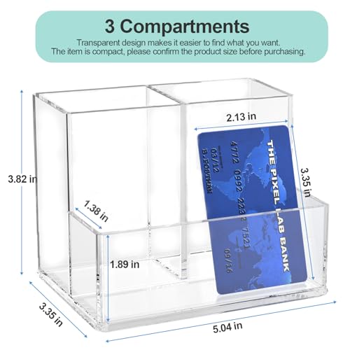 Image of Clear Pen Holder for Desk, Small Acrylic Pencil Holder, Compact Makeup Brush Holder Organizer for Vanity, Pen Pencil Organizer Cup, Office Desk Organizer and Accessories, 3 Compartment Design