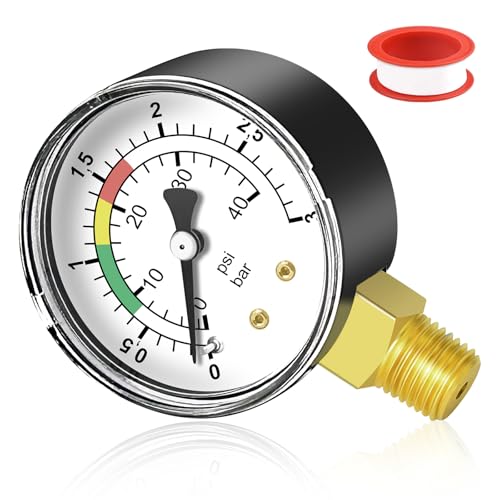 GZhaimai 1 manómetro + 1 cinta de teflón, medidor de presión de 1/4 pulgadas con adaptador de latón, manómetro de 0-3 bar/40 psi, piscina para piscinas y estanques de peces (53 mm de diámetro, color