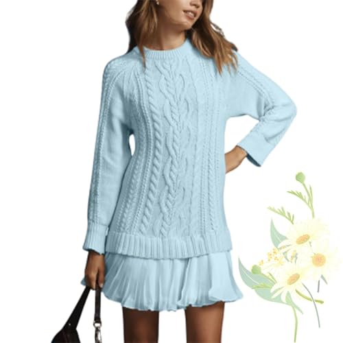 Women Crewneck Cable Knit Sweater Mini Dress, Causal Crew Neck Long Sleeve Patchwork Pleated Knit Pullovers Knit Mini Dress