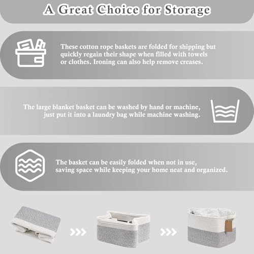 Image of Goodpick Woven Rope Storage Basket for Shelves, Rectangle, Light Gray | 13 inch x 10 inch x 9 inch Stylish Gift Basket for Home Decor, Cotton Rope Baskets for Clothes, Towels & Toys Storage, Reinforced Handles