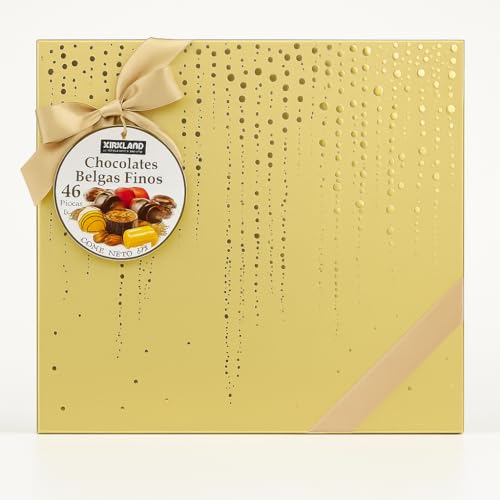 Chocolates Belgas de Lujo Signature | Caja Surtida con 46 Piezas | Chocolate Negro, con Leche y Blanco | Pralinés Rellenos con Avellana, Caramelo y Ganache | Ideal para Regalo (46 Piezas, DORADO)