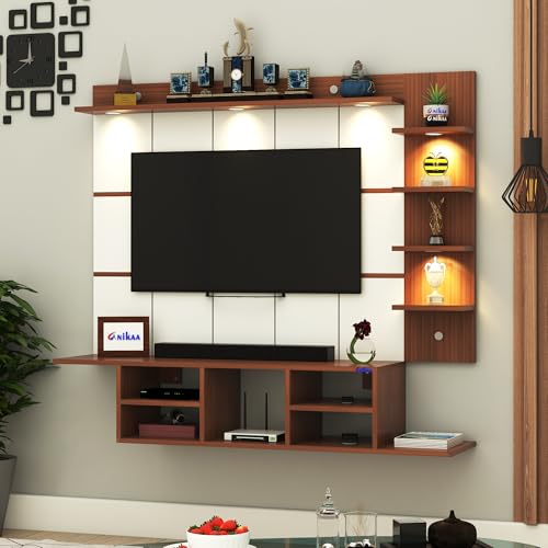 Image of Anikaa Charley Engineered Wood Wall Mount Striped PVC Back Panel TV Unit with Spot LED Lights | TV Cabinet with Open Storage Box (Walnut) | Ideal for UP to 43 Inch TVs - DIY Installation