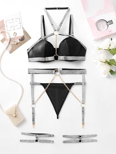 Image of Lilosy Sexy Pu Leather Strappy Underwire Garter Belt Lingerie Set