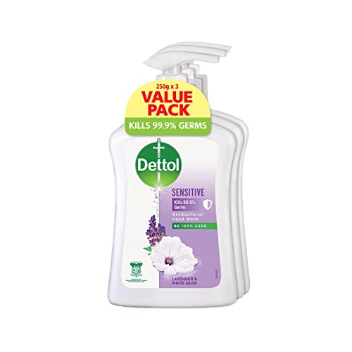 Dettol Hand Wash Liquid Sensitive Lavender & White Musk Fragrance Kills 99.9% Germs Dermatologically Tested Antibacterial Handwash With Plant Derived Cleansers 3x250g