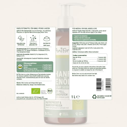 AniForte kaltgepresstes Bio Hanfsamenöl für Hunde & Pferde 1 Liter - 100% reines Barf Öl als Zusatz, Premium Hanfsamenöl, Naturprodukt ohne Zusätze