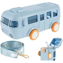 HOTBEST Car Straw Water Cup, 16oz Cute Bus Water Bottle with Shoulder Strap, Leak-Proof Kids Small Square Drinking Cup Cute Cartoon Water Jug Toy Locking Flip Lid Water Kettle for Kids Gift Blue