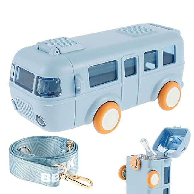 16oz Bus Water Bottle, Car Straw Water Cup, Portable Bus Water Bottle with Shoulder Strap, Leak-Proof Kids Small Square Drinking Cup, Cute Cartoon Toy Locking Flip Lid Water Kettle for Kids (Blue)