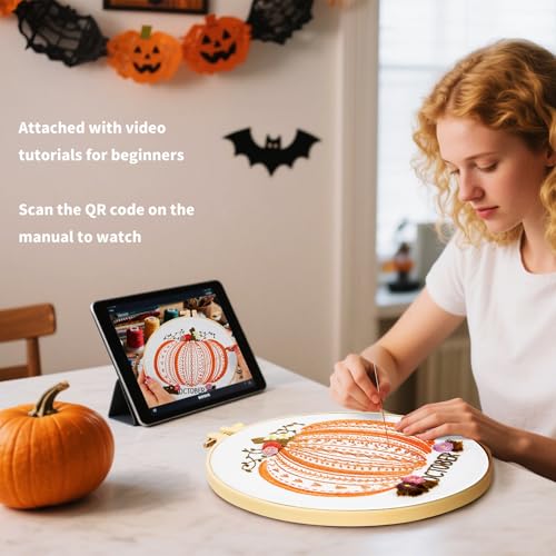 Image of Easy Beginners Embroidery Stitches Practice Kits for Adults, Fall Pumpkin Embroidery Starters Kits for Beginners to Learn 26 Stitches, Autumn Hand Embroidery Set Craft for Women & Video Tutorial
