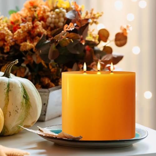 Image of Orange Extra Large Flameless Candles, 6 inchx6 inch Battery Operated Candles with Remote, Real Wax Flickering LED Candles with 3 Wicks for Fall, Thanksgiving, Harvest, Halloween Decor