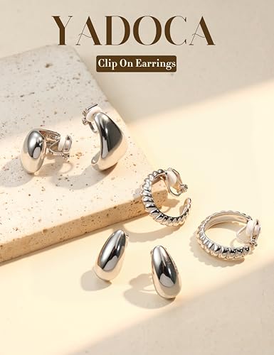 YADOCA 9 Pairs Gold Clip on Earrings for Women 14K Gold Plated Waterdrop Chunky Clip on Hoop Earrings No Piercing Fake Earrings Set2