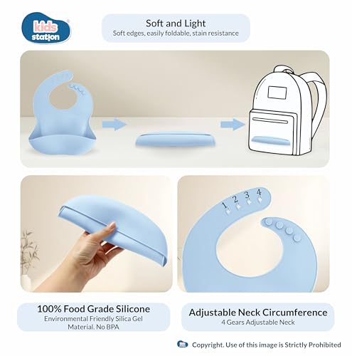 Image of Kids Station 8-Piece Silicone Baby Feeding Set | Suction Bowl, Plate, Bib, Cup, Spoon & Fork | 100% Food Grade BPA-Free Silicone | Non-Slip, Easy to Clean (Pack of 8, Blue)