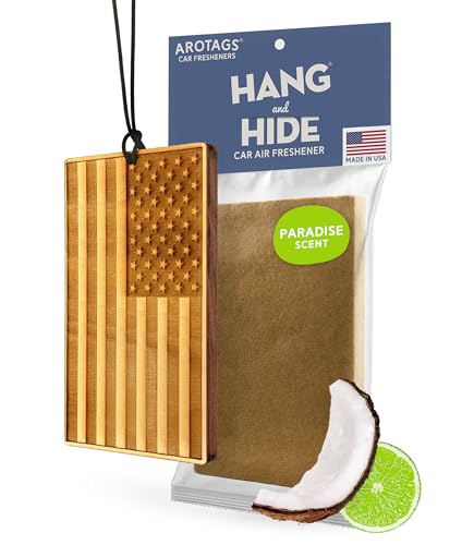 Arotags Wood Diffuser Car Air Freshener, USA Flag Design, Organic Scent Boosting Pad, Paradise Scent, Long-Lasting, Odor Eliminator, American Made