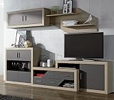 JUANIO Juego de Salón, Mueble TV, Mueble Alto + Conjunto de 2 Estanterías + Buffet Aparador + Mueble Bajo Color Roble Cambrian/Grafito