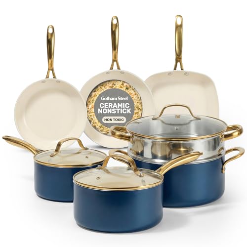 Image of Gotham Steel 12 Pc Ceramic Cookware Set Nonstick, Ceramic Pots and Pans Set Non Stick with Steamer for Cooking, Non Toxic PFOA PFOS Free, Premium Stay Cool Handles, Oven & Dishwasher Safe