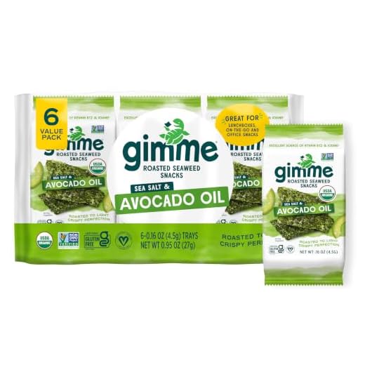gimMe - Sea Salt & Avocado Oil - 6 Count - Organic Roasted Seaweed Sheets - Keto, Vegan, Gluten Free - Great Source of Iodine & Omega 3’s - Healthy On-The-Go Snack for Kids & Adults