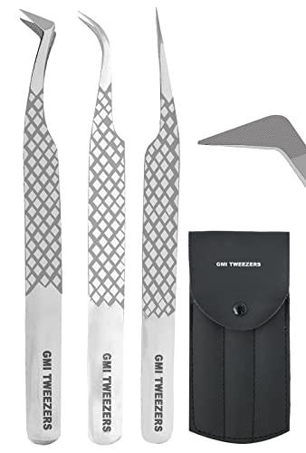 GMI Lash Tweezers - Pack of 3 Firber Tip Eyelash Tweezers - Stainless Steel Eyelash Extension Tweezers
