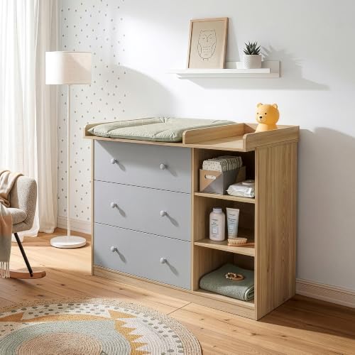 [en.casa] Wickelkommode Beldinupp Wickeltisch mit 3 Schubladen und 3 Regalfächern 93 x 110 x 55 cm Kommode mit Abnehmbarer Wickelauflage Eicheoptik/Grau