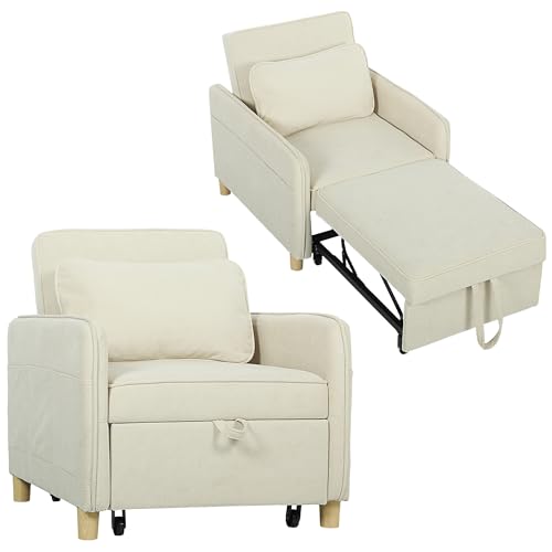 HOMCOM Sofá Cama de 1 Plaza 3 en 1, Sofá Cama Plegable Tapizado en Terciopelo Ecológico con Respaldo Ajustable 3 Niveles, 6 Bolsillos Laterales y Almohada, para Dormitorio, Salón, 74x85,5x82 cm, Beige