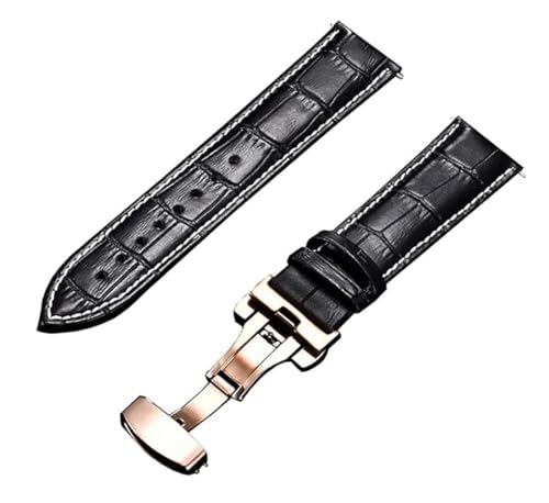 Image of 18mm 19mm 20mm 21mm 22mm 23mm 24mm Genuine Leather Butterfly Deployment Clasp Buckle Watch Band Strap Black Dark Brown TAN Blue Rose Black Gold White