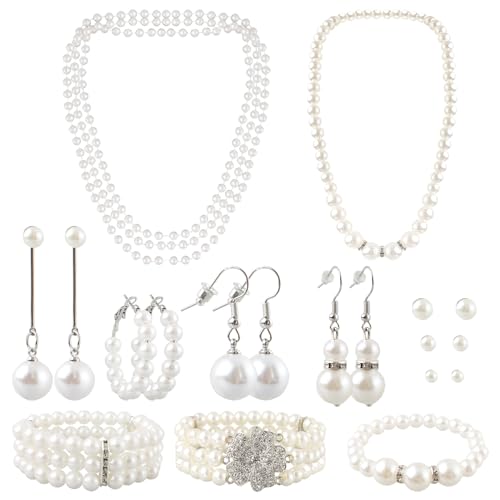 19 Pcs Pearl Necklace Earrings Set for Women 1920s Faux Pearl Necklace Simulated Pearls Bracelet Costume Jewelry Pearls Accessories for Gift Wedding