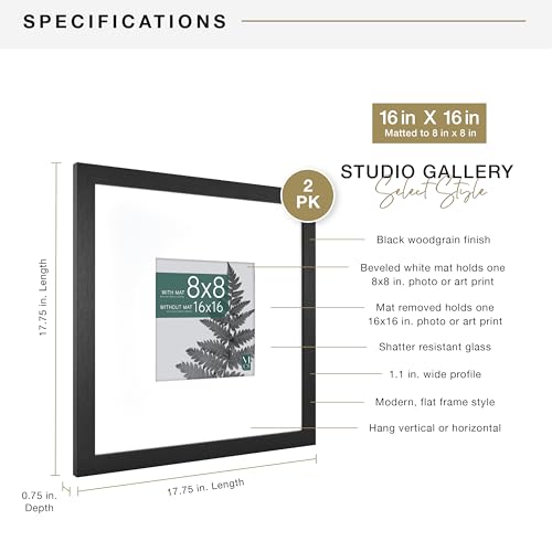 MCS Studio Gallery 16x16 Matted Photo Frame with 8x8 Picture Display, Black Woodgrain Vertical & Horizontal Wall Hanging Large Picture Frame for Photos & Art Prints (2-Pack)