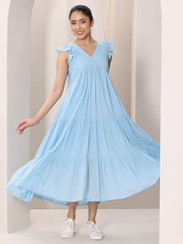 Image of Libas Solid Cotton Fit and Flare Dress for Women