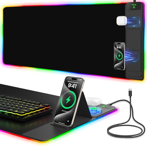 Image of Mouse Pad with Foldable Phone Holder & Wireless Charger, XXL RGB Gaming Mousepad 31.5 inchx15.8 inch Large Desk Mat for Keyboard, Black Desk Pad with Dual Qi Charging Station | 11 Colors 5 Modes | Waterproof