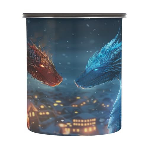 Qilmy Red Blue Dragon Air-Less Vacuum Coffee Storage Container-Airtight Stainless