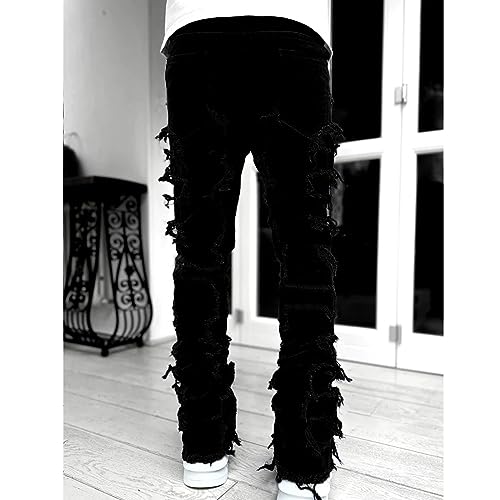 Mens Vintage Ripped Flared Leg Stacked Jeans Patchwork Bell Bottom Regular Fit 70s Hip Hop Distressed Denim Pants2