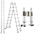 Telescoping Ladder A Frame 16.5Ft Aluminum with Stabilizer Bar, Silver