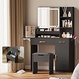 Dowinx ドレッサー コンパクト 2点セット コンセント付き 3色LEDライト 収納スツール付き 鏡台 女優ミラー 姫系 可愛い ドライヤーホルダー 折りたたみサイドボード 収納沢山 おしゃれ 引き出し 収納 テーブル 化粧台 ブラック LS-BS01G