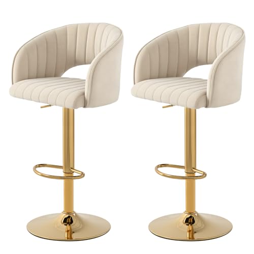 SUPPNEED Juego de 2 taburetes de bar de terciopelo, altura regulable con respaldo y reposabrazos, giratorio 360°, taburete de cocina, taburete para barbero, reposapiés dorado, para comedor, isla de