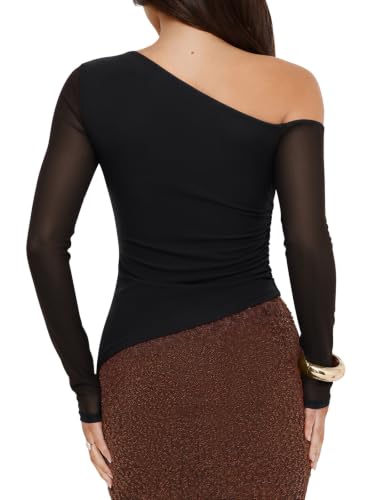 PINKMSTYLE Womens Mesh Asymmetrical Long Sleeve Off Shoulder Going Out Tops - image 7