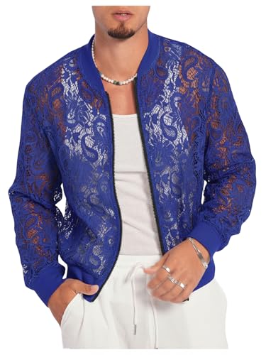 Image of WDIRARA Men's Floral Lace Bomber Jackets Long Sleeve See Through Outerwear
