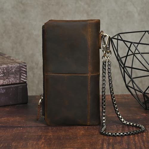 Vintage Long Genuine Leather Bifold Wallet for Men RFID Blocking with Zipper Pocket (Coffee)3