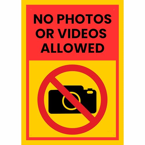 Image of No Photos Or Videos Allowed Sign Sticker Board 29 x 20 CM | Peel & Stick or Screw Fix | Pre-Drilled Holes | Pack of 1 (No Photos Or Videos Allowed, A4 - Medium - 1 Piece)