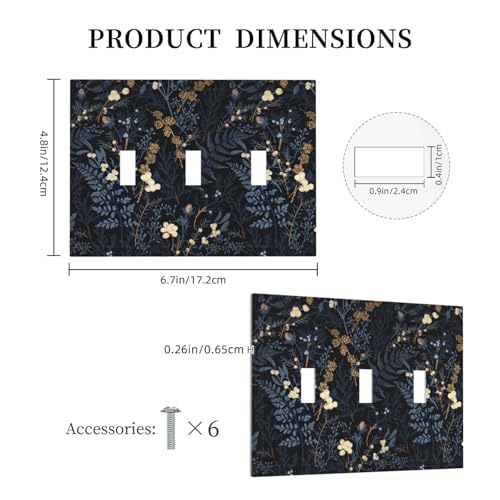 Decorative Switch Plate Covers Rustic Navy Dark Blue Leaves Golden Floral 3 Gang Light Switch Cover Plate Triple Toggle Wall Plate Outlet Covers for Bedroom Home Decor