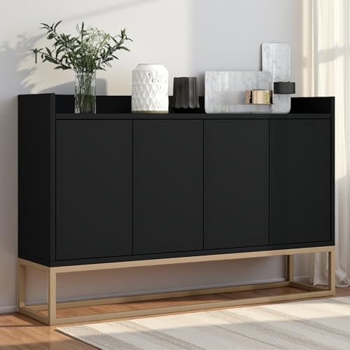 Yeutre Aparador de cocina de 120 cm con 4 puertas y estantes ajustables, aparador de salón moderno móvil para cocina, entrada, salón y comedor (color negro, 120 cm)