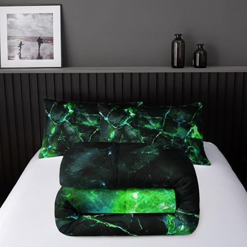 Image of Nttopship Green Comforter Set Twin Size,Green Marble Bedding Set 3 Pcs Bedding for Adults, Marble Room Decor with Comforter and 2 Pillowcases Soft and Lightweight B-Side Black