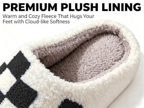 Image of Checkered Slippers for Women and Men - Fuzzy House Slippers with Memory Foam, Comfy Plush Fluffy Indoor House Shoes, Cozy Warm Slip on Bedroom Slippers with Non-Slip Sole