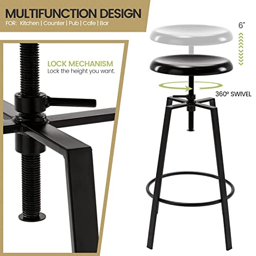 Brage Living Atlas Industrial Bar Stools Set Of 2, Adjustable Swivel Four Legged Round Metal Barstools, Backless Counter Height Bar Chairs For Kitchen Dining (Black) #TOP3