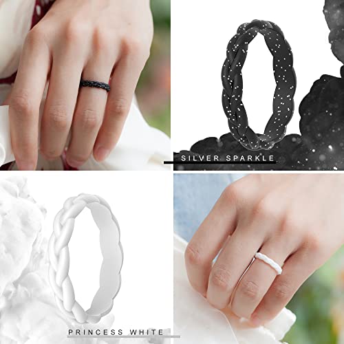 ThunderFit Silicone Wedding Bands for Women, Thin Braided Design 3.3mm Wide 1.8mm Thick - 1/4/7/8 Variety Multipack3