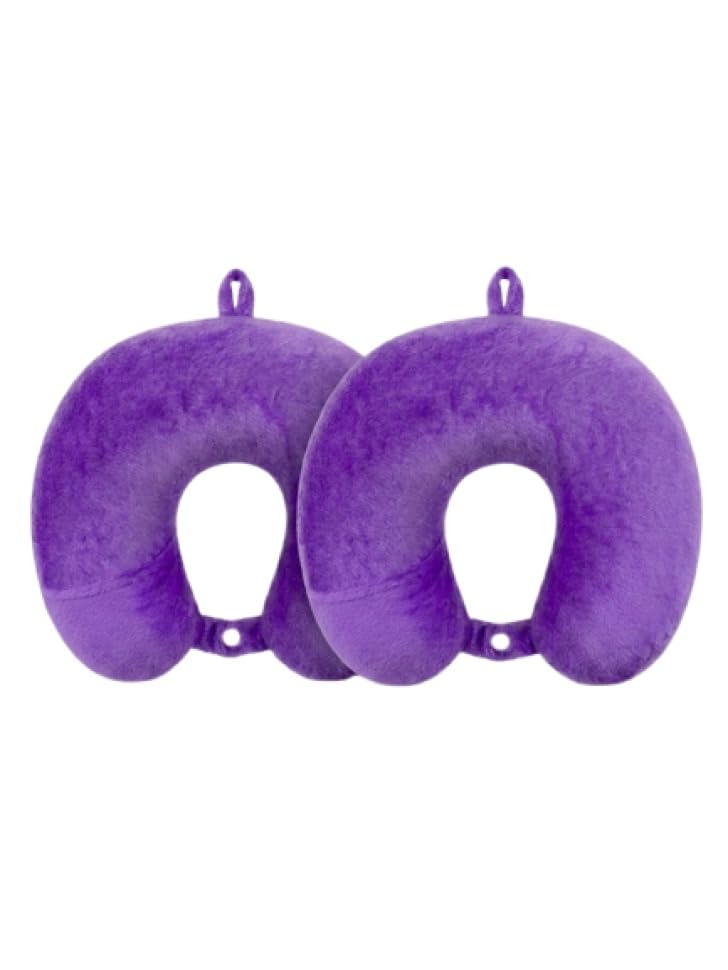 Image of Ultra Soft Travel Neck Pillow with Hanging Loop Snap Button Closure for Home Office and Airplane Flight, Bus, Car, Train Travelling Use [Purple] (Pack of 2)