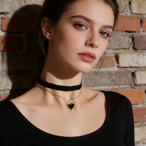 Choker Kette Damen,Geschichtet Verstellbare Halsband Damen Schmuck,Joker Collar Choker Schwarz Necklace 90er,Samt Herz Halskette Rot Women für Mädchen Gothic Karneval Party Cosplay Deko Geschenke (B)