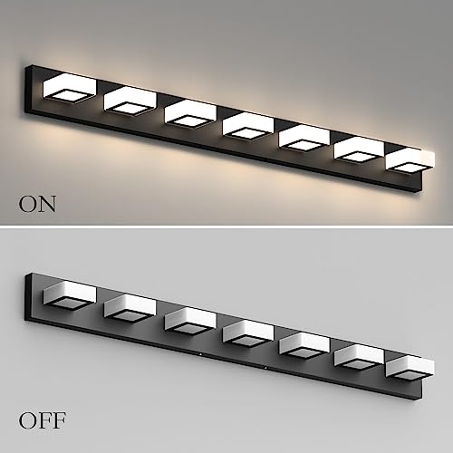 Image of Ralbay 46 inch LED Matte Black Vanity Lights 7 Lights Acrylic Metal Black Modern Vanity Lights Black Bathroom Lighting Fixtures Over Long Mirror (Natural White Light 4500K)