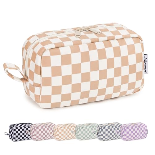 Image of Narwey Checkered Makeup Bag Travel Cosmetic Bag Organizer, Toiletry Bag Make Up Bags with Organized Pockets for Women (Light Checkerboard, Large)
