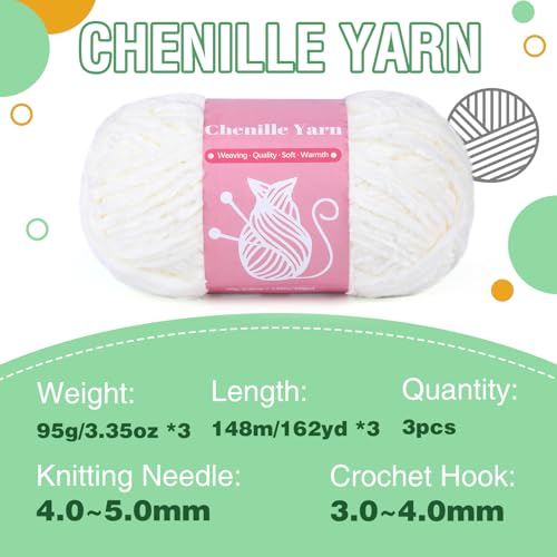 Image of LUNARM Chenille Yarn for Crochet Knitting Chunky Blanket Velvet Yarn | 3 Pack 3.5oz /100g 486 Yard Milky White Chenille Yarn for Beginners Knitting Scarves with Big Eye Needles Machine Washable