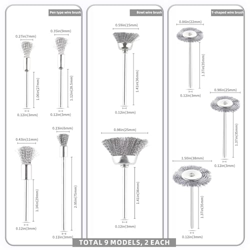 Image of 18pcs Wire Brush for Drill, VEINARDYL Stainless Steel Mini Cleaning Wire Wheels Brush, Rotary Tool Accessories Polishing Attachment Kit with 1 /8 inch(3mm) Shank for Rust Removal, Corrosion - 9 Sizes
