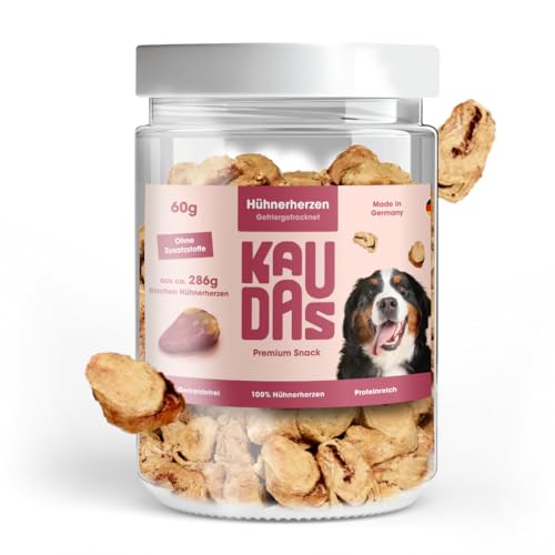KAUDAS HühnerherzenPur Natursnack – 5 x 60 g gefriergetrocknetes Hühnerherzen Leckerli Hund mit hohem Proteingehalt, 100% natürlicher Hundesnack je 286g Rohgewicht – ohne Zucker & Zusatzstoffe