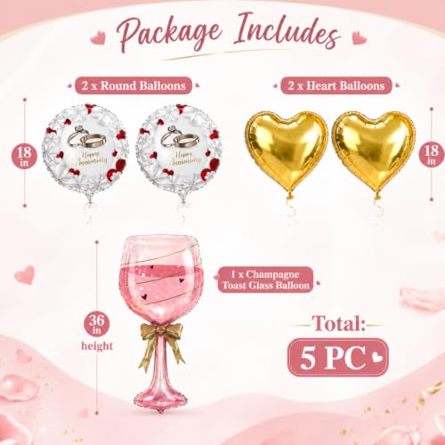 Image of Wanna Party Happy Anniversary Wine Glass Foil Balloon Set of 5, Pink Wine Glass Balloon with Gold Heart and Printed Round Balloons, Romantic Anniversary Decoration for Husband Wife & Couples